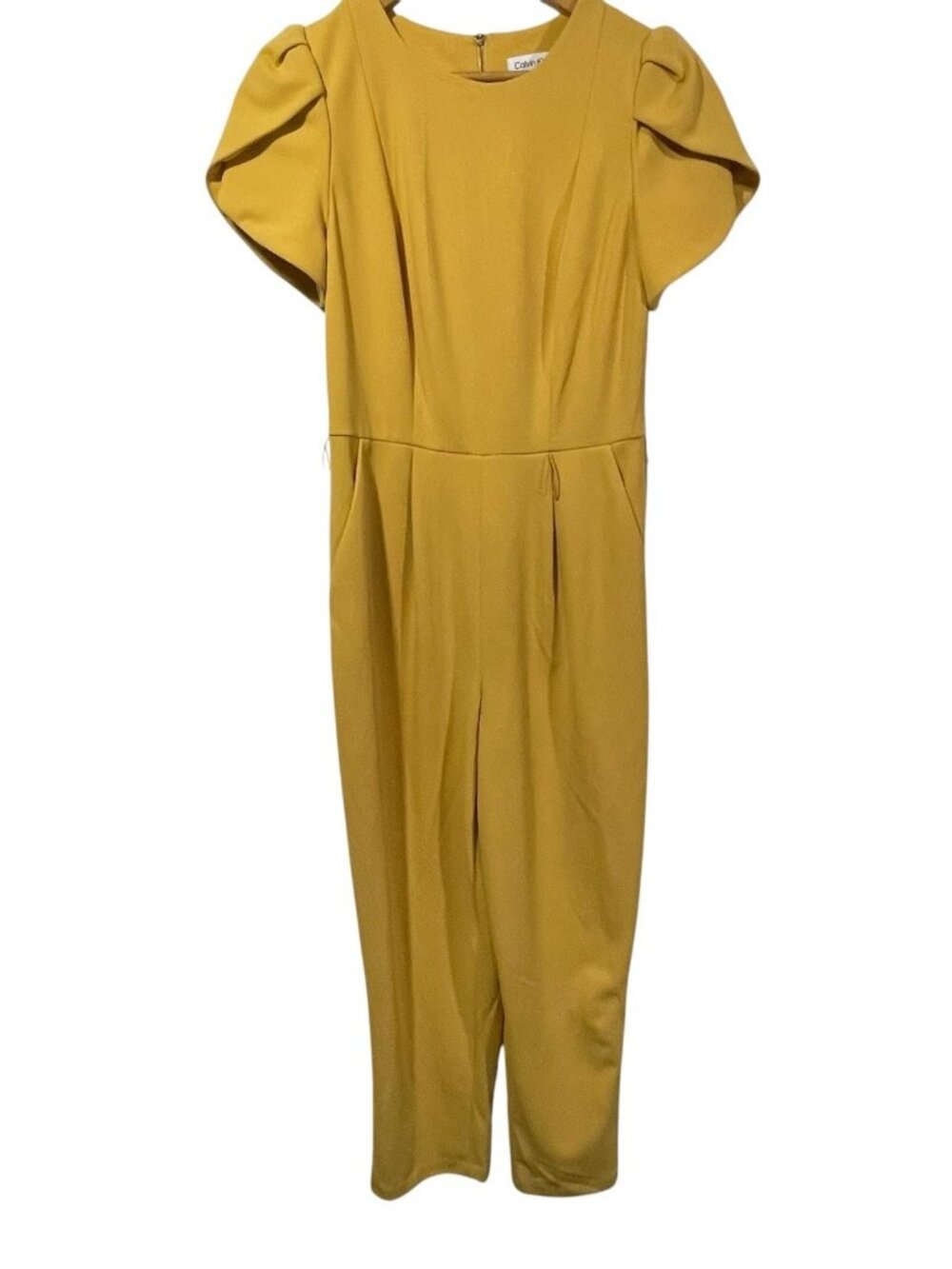Calvin Klein Womens Tulip Sleeve Jumpsuit Mustard Yellow Pockets Size 4 NWT READ